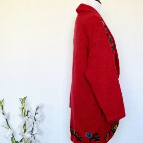 NEW! Vintage Cervelle Wool Blend Chunky Sweater Cardigan Embroidery Red SZ M - Picture 4 of 6